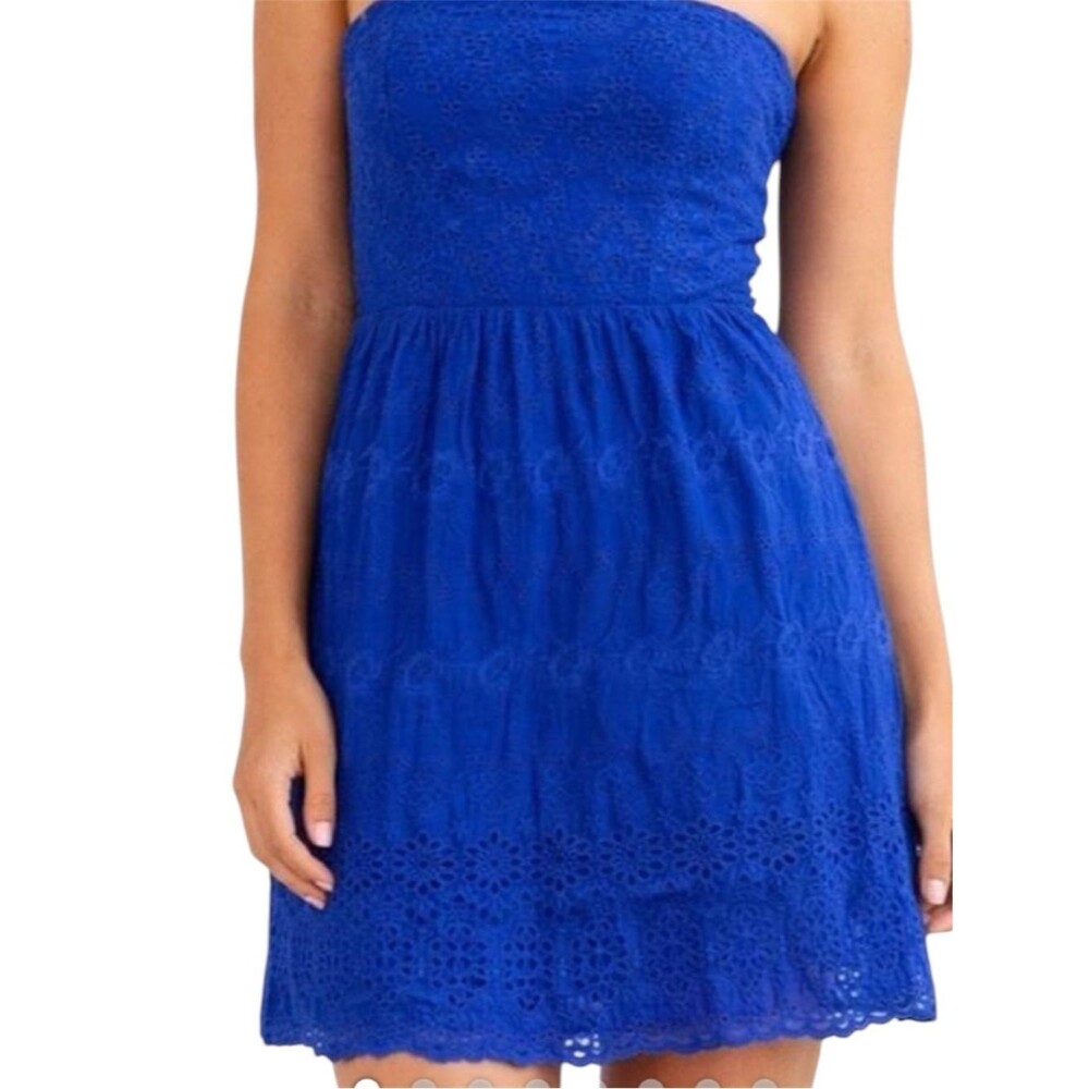 Old Navy Blue Cotton Eyelet Strapless Mini Dress Size 8 Romantic Cottage Lace